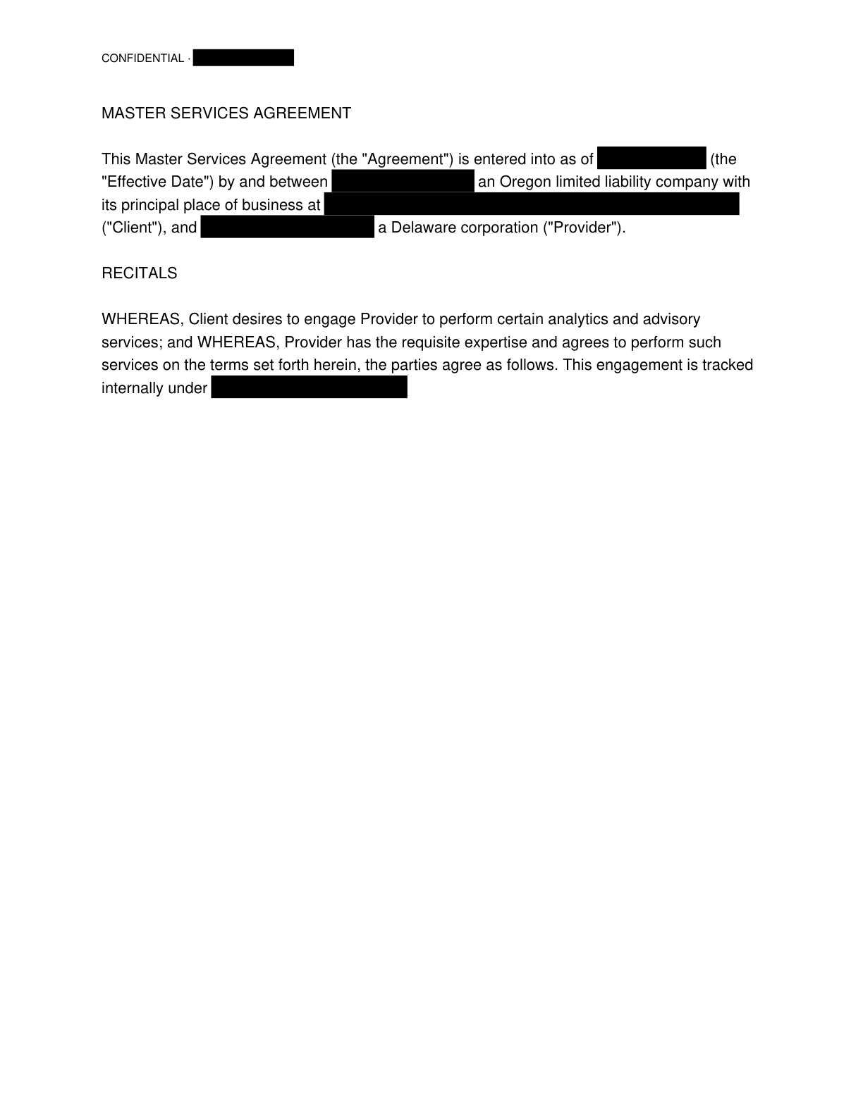 Redacted contract page with black bars over sensitive text