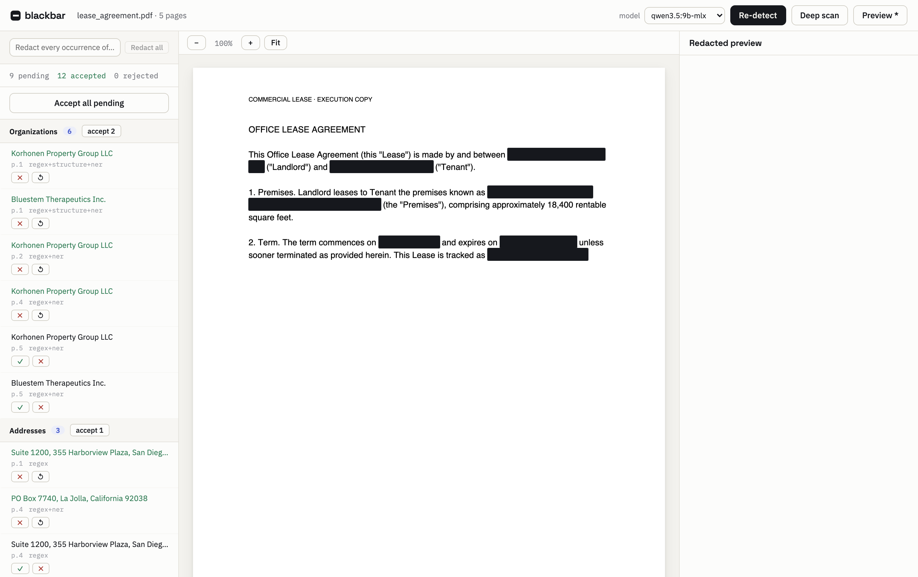 Blackbar review workspace: proposal sidebar, PDF with black redaction bars, redacted preview pane