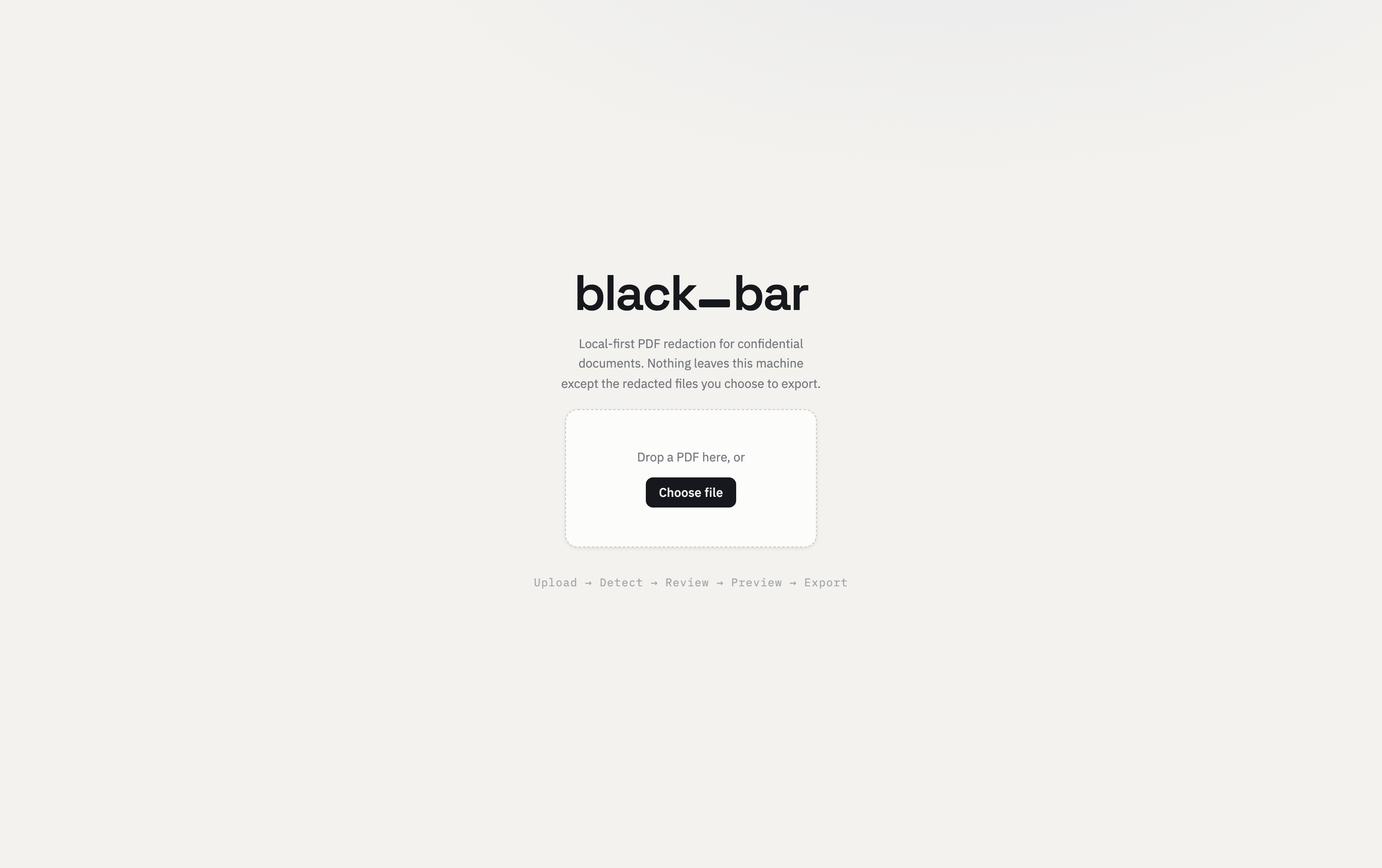 Blackbar upload screen with drag-and-drop zone